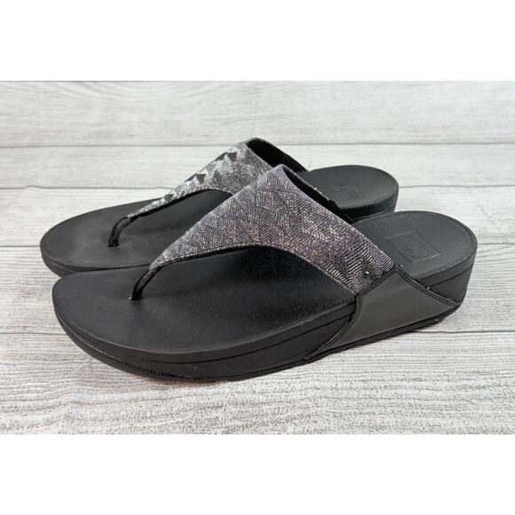 FITFLOP Lulu Shimmer Lux Glitter Toe-Post Sandals Black Size 10 - Picture 1 of 7